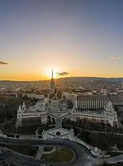 Holy Trinity Square Prints: Aerial drone shot of Fisherman's Bastion on Buda Hill in Budapest sunset