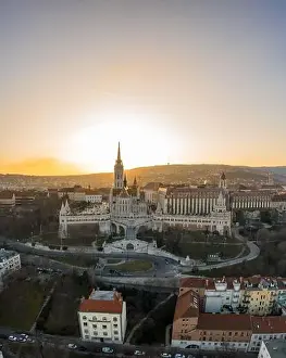Holy Trinity Square Prints: Aerial drone shot of Fisherman's Bastion on Buda Hill in Budapest sunset