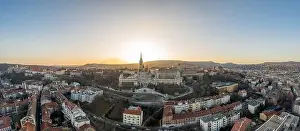 Holy Trinity Square Prints: Aerial drone shot of Fisherman's Bastion on Buda Hill in Budapest sunset