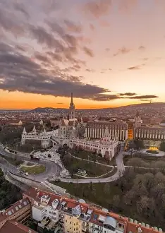 Beautiful Sky Prints: Aerial drone shot of Fisherman's Bastion on Buda Hill in Budapest sunset