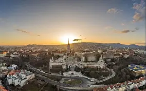 Holy Trinity Square Prints: Aerial drone shot of Fisherman's Bastion on Buda Hill in Budapest sunset