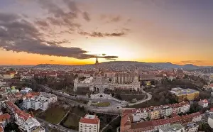 Beautiful Sky Prints: Aerial drone shot of Fisherman's Bastion on Buda Hill in Budapest sunset