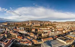 Morning Glow Prints: Aerial drone shot of Fisherman's Bastion in Budapest morning sun glow in winter