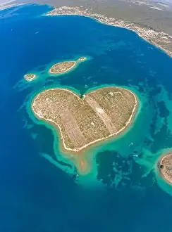 Heart Shape Prints: Aerial drone shot of heart-shaped island Galesnjak in Dalamatia Croatia
