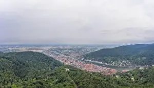 Heidelberg Prints: Aerial drone shot of Heidelberg from Konigstuhl hill in overcast summer morning