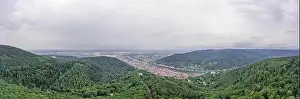 Heidelberg Prints: Aerial drone shot of Heidelberg from Konigstuhl hill in overcast summer morning
