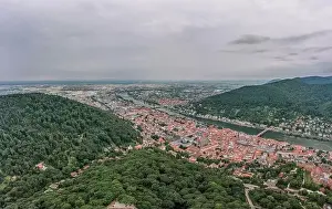 Heidelberg Prints: Aerial drone shot of Heidelberg from Konigstuhl hill in overcast summer morning