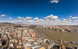 Morning Glow Prints: Aerial drone shot of Hungarian Parliament with clouds in Budapest Winter morning