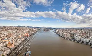 Buda Prints: Aerial drone shot of Hungarian Parliament by Danube in Budapest winter morning time