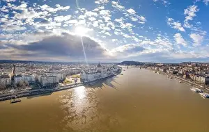 Morning Glow Prints: Aerial drone shot of Hungarian Parliament with overcast clouds in Budapest Winter morning
