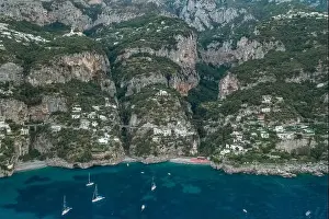 Amalfi Prints: Aerial drone shot ivew of Amalfi coast road on mountain crags in the morning