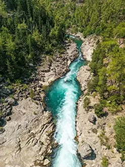 Rafting Prints: Aerial drone shot of Koprucay river from Koprulu Canyon in Manavgat, Antalya, Turkey