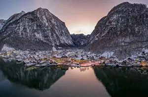 Northern Limestone Alps Prints: Aerial drone shot of Lahn village covered by snow by lake in Aus