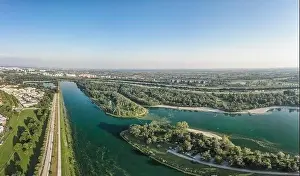 Lake Landscape Prints: Aerial drone shot of Lake Jarun in southeast Zagreb in Croatia