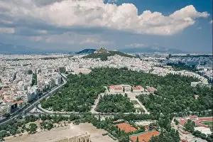 Gods View Prints: Aerial drone shot of Lycabettus hill and Zappeion in National Garden and Olimpio in Athens