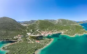 Ragusa Prints: Aerial drone shot of Mali Ston village with City Wall of Ston in Ragusa near Dubrovnik in Croatia summer