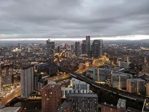 Deansgate Square Prints: Aerial drone shot across Manchester shot from the west looking east at Deansgate Square