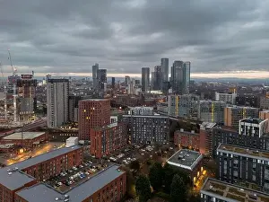 Deansgate Square Prints: Aerial drone shot across Manchester shot from the west looking east at Deansgate Square