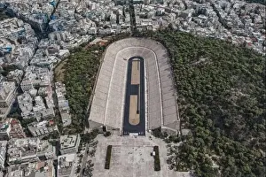 Gods View Prints: Aerial drone shot of marble Panathenaic Stadium in Pangrati Athens