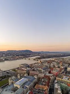 National Gallery Prints: Aerial drone shot of Margaret Bridge over Danube river in Budapest sunset hour