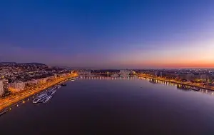 Morning Glow Prints: Aerial drone shot of Margaret island bridge in Budapest dawn before sunrise