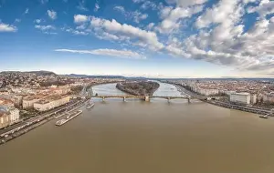 Buda Prints: Aerial drone shot of Margret Bridge over Danube in Budapest winter morning with overcast