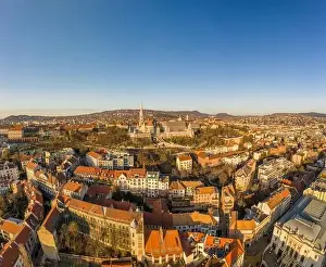 Morning Glow Prints: Aerial drone shot of Matthias Church on Buda hill during Budapest sunrise at dawn