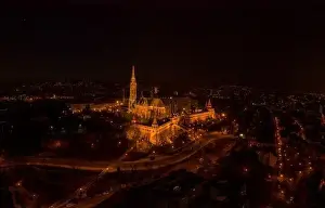 City Light Prints: Aerial drone shot of Matthias Church on Buda hill on Fisherman Bastion in Budapest night