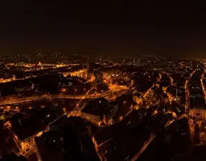 City Light Prints: Aerial drone shot of Matthias Church on Buda hill on Fisherman Bastion in Budapest night