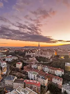 Beautiful Sky Prints: Aerial drone shot of Matthias Church Fisherman's Bastion on Buda Hill in Budapest sunset time
