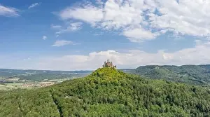 Baden Wurttemberg Prints: Aerial drone shot of Medival Hohenzollern Castle on hill near Stuttgart at summer noon