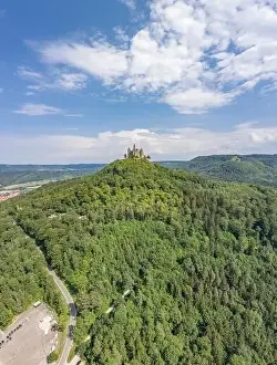 Baden Wurttemberg Prints: Aerial drone shot of Medival Hohenzollern Castle on hill near Stuttgart at summer noon