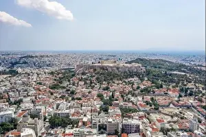 Gods View Prints: Aerial drone shot of northern side of Acropoli and Filopappou Hill in Athens