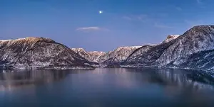 Northern Limestone Alps Prints: Aerial drone shot of Obertraun village by Hallstatt lake with mo