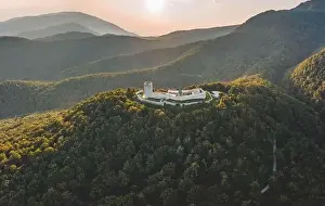 Sunset Tower Prints: Aerial drone shot of Oltar Domovine ston fortress castle on top of Zagreb uptown hill
