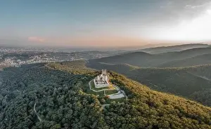 Sunset Tower Prints: Aerial drone shot of Oltar Domovine ston fortress castle on top of Zagreb uptown hill