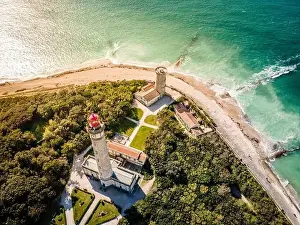 Charente Maritime Prints: Aerial drone shot of the Phare des Baleines or Lighthouse of the Whales at sunset