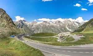 Tirol Prints: Aerial drone shot of restaurant on high alpine road on Grossglockner mountain in Austria