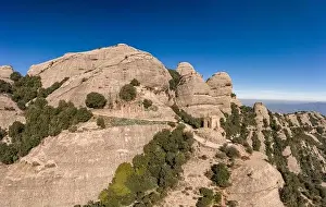 Conglomerate Prints: Aerial drone shot of Sant Jeroni peak on Montserrat near Barcelona in winter morning