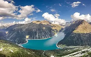 Aerial drone shot of Schlegeisspeicher glacier reservoir in zillertal alps in Austria