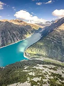 Aerial drone shot of Schlegeisspeicher glacier reservoir in zillertal alps in Austria