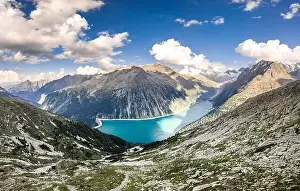 Water Fall Prints: Aerial drone shot of Schlegeisspeicher glacier reservoir in zillertal alps in Austria