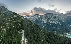 Austrian Alps Prints: Aerial drone shot of Schlegeisspeicher resevoir with galcier view at dusk