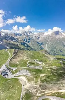 Tirol Prints: Aerial drone shot of serpentine high alpine road Taxenbacher Fusch up to Edelweissspitze in Grossglockner in Austria