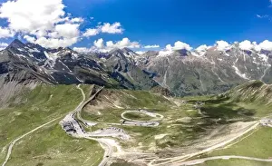Tirol Prints: Aerial drone shot of serpentine high alpine road Taxenbacher Fusch below Edelweissspitze in Grossglockner in Austria
