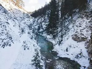 Forest Trees Prints: Aerial drone shot of snowy and icy winter landscape in the oetschergraeben