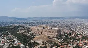 Gods View Prints: Aerial drone shot of southside Accropolis of Athens and amphitheater Odeon of Herodes Atticus