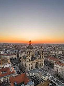 Morning Glow Prints: Aerial drone shot of St. Stephen Basilica at Budapest dawn sunrise in morning