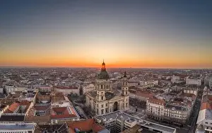 Morning Glow Prints: Aerial drone shot of St. Stephen Basilica at Budapest dawn sunrise in morning