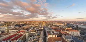 Neo Renaissance Prints: Aerial drone shot of St. Stephen Basilica during Budapest sunset hour in winter